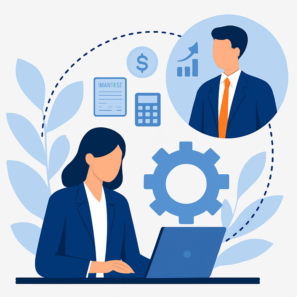 Outsourced accounting blog illustration showing remote accountant and business executive with financial icons.