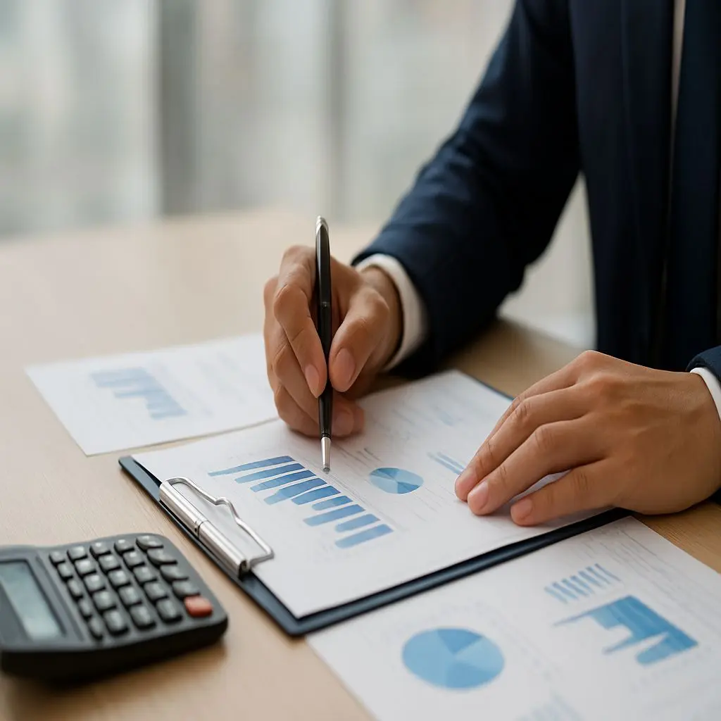 Professional analyzing financial reports for accounting outsourcing services.